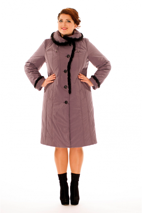 Женское пальто из текстиля с капюшоном, отделка норка 8015938