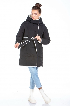 Черное женское пальто из текстиля с капюшоном, отделка искусственный мех