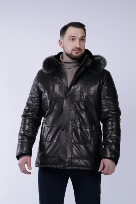 Мужская кожаная куртка из натуральной кожи на меху с капюшоном, отделка песец 8023495
